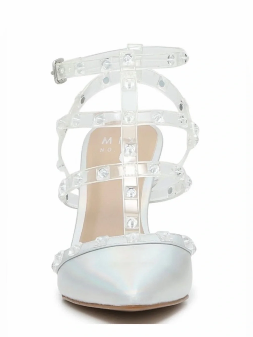 🪩 Mix No. 6 Liraven Caged Pump Heel in Iridescent/Clear Metallic with Studs